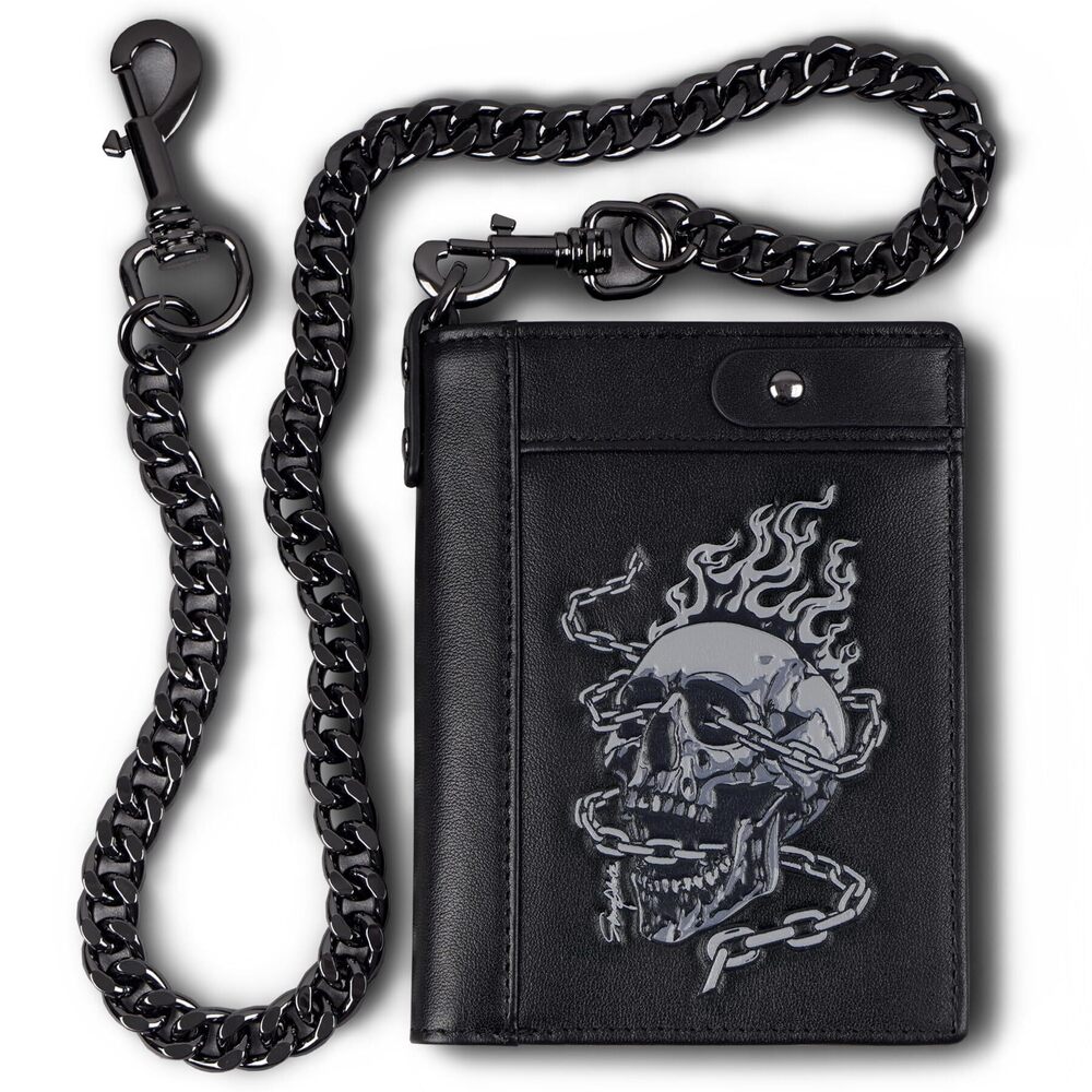 2039 Leather Wallet With Chain Skull Bifold Wallets Zipper Coin Pocket Rfid